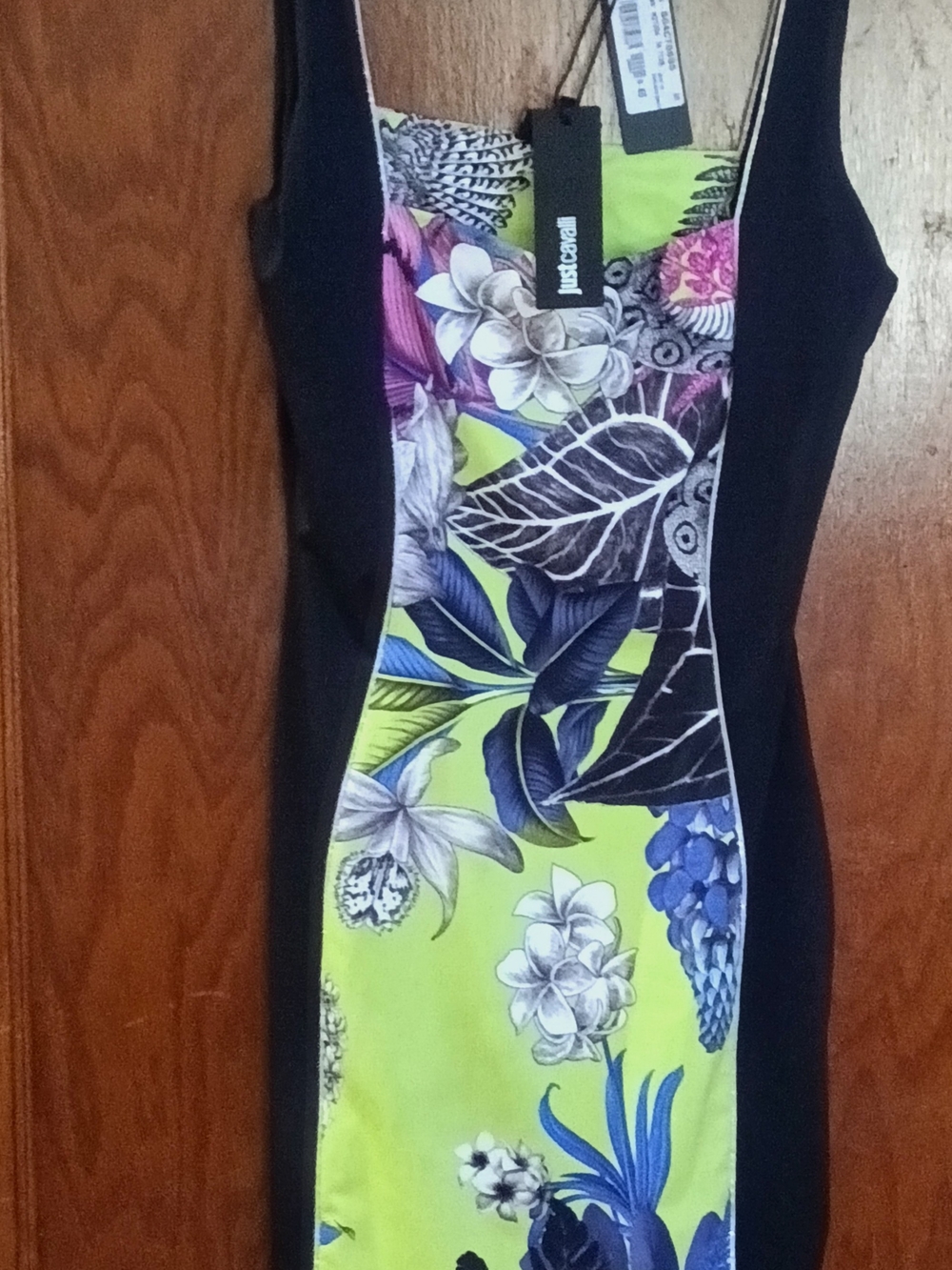 Just Cavalli Black & Neon Yellow Floral Panel Midi Dress